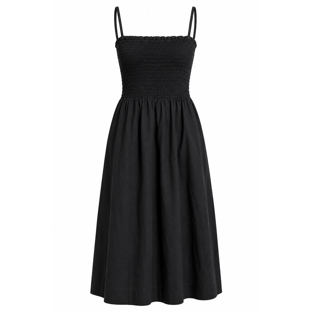 J. Crew Black Smocked Midi Dress Spaghetti Strap Cotton Poplin Summer Dress MED